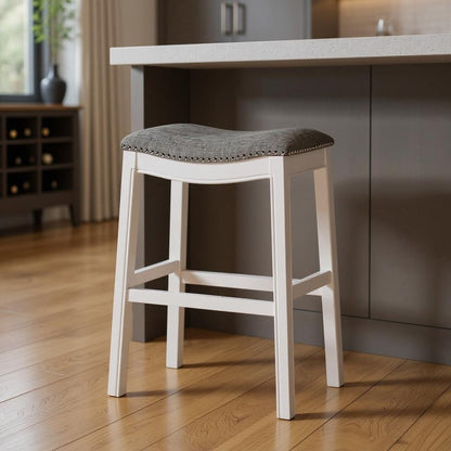 31" Light Gray And White Fabric And Solid Wood Backless Bar Height Bar Chair
