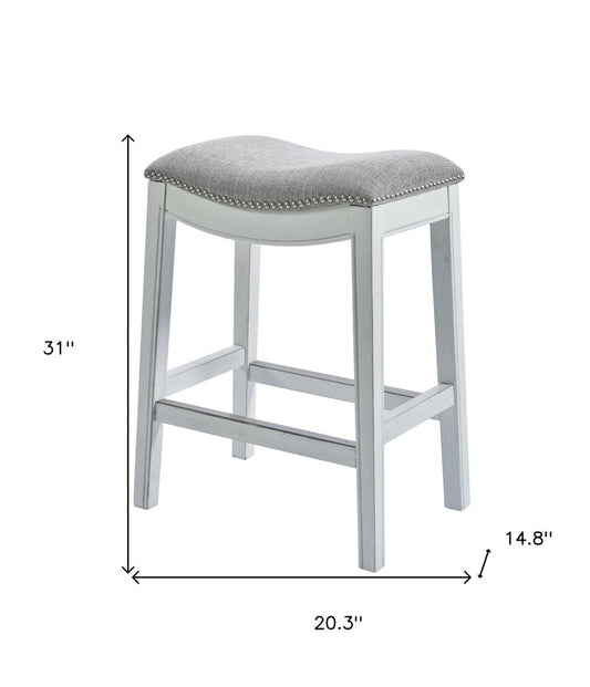 31" Light Gray And White Fabric And Solid Wood Backless Bar Height Bar Chair