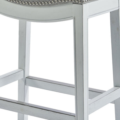 31" Light Gray And White Fabric And Solid Wood Backless Bar Height Bar Chair