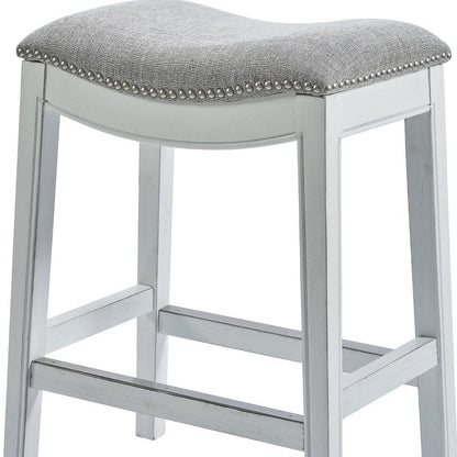 31" Light Gray And White Fabric And Solid Wood Backless Bar Height Bar Chair