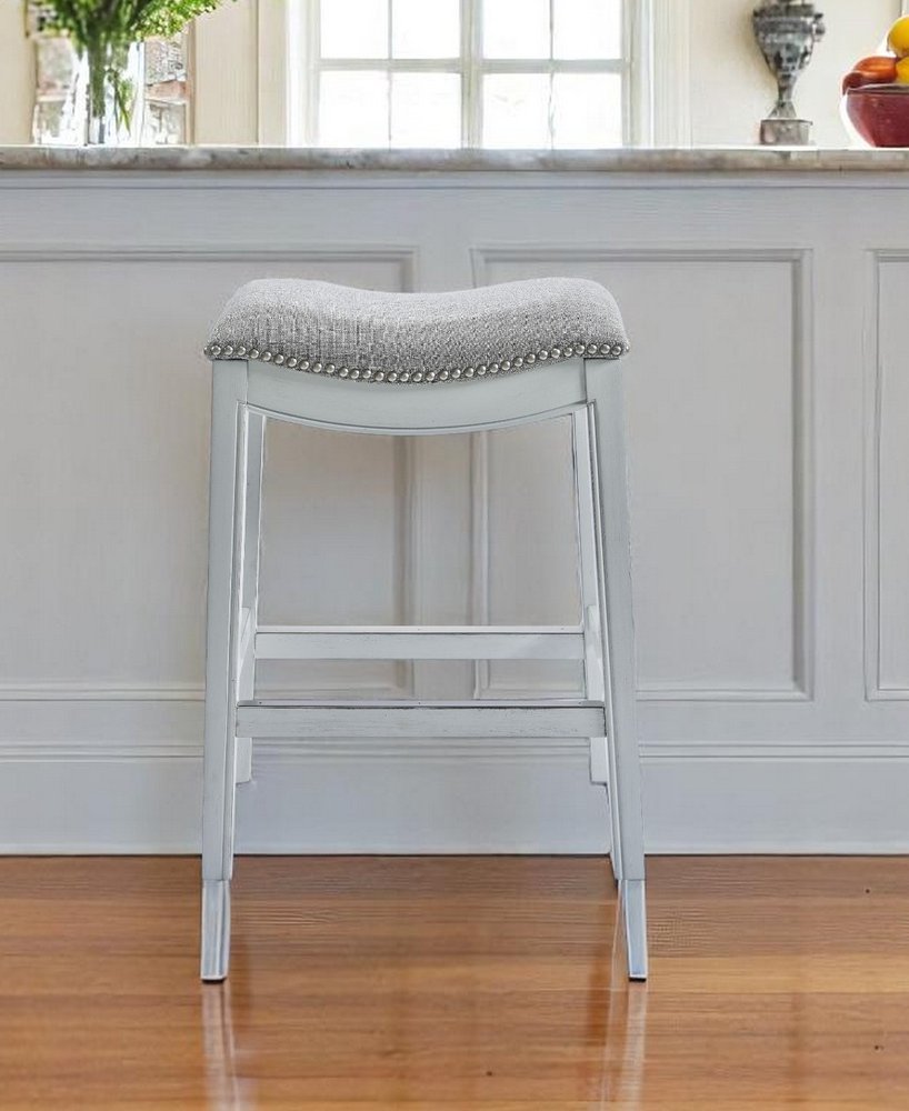31" Light Gray And White Upholstered And Solid Wood Backless Bar Height Bar Chair