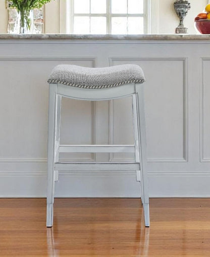 31" Light Gray And White Upholstered And Solid Wood Backless Bar Height Bar Chair