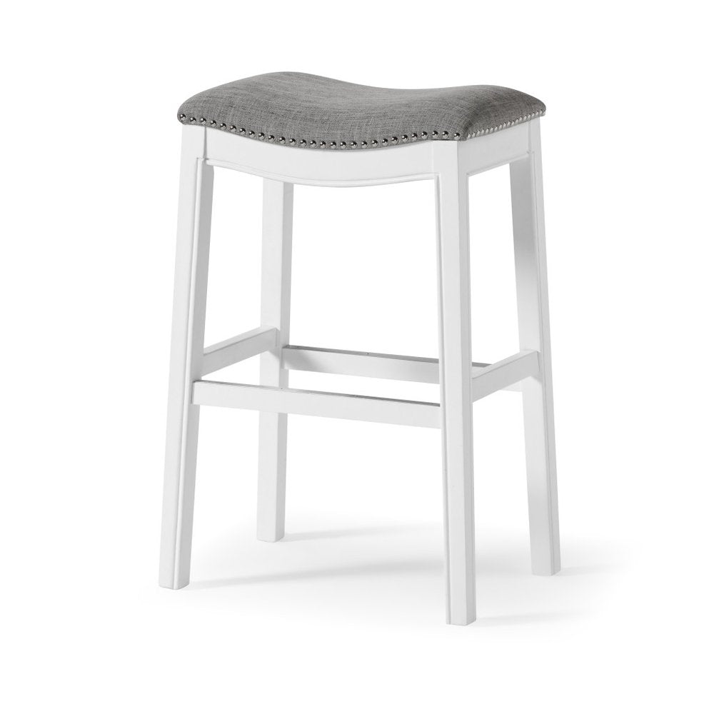 31" Light Gray And White Fabric And Solid Wood Backless Bar Height Bar Chair