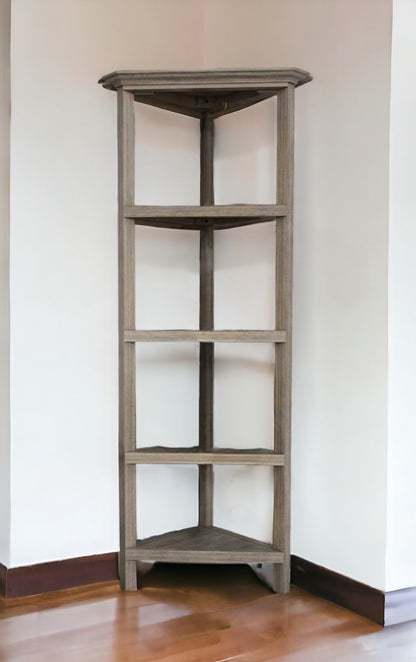 60" Washed Grey Solid Wood Corner Bookcase