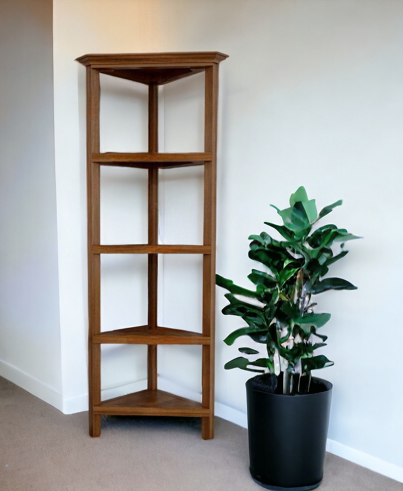 60" Walnut Solid Wood Four Tier Corner Bookcase