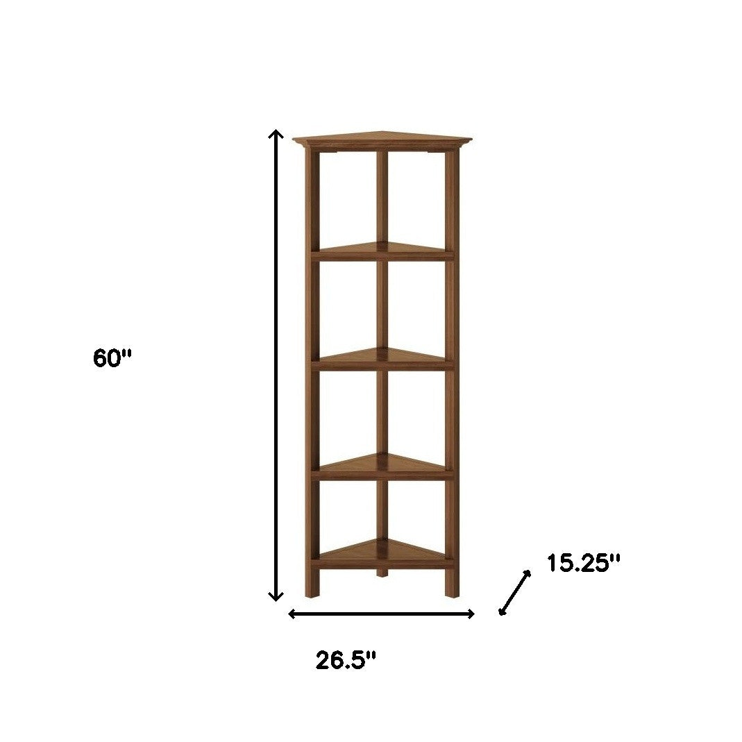 60" Walnut Solid Wood Four Tier Corner Bookcase