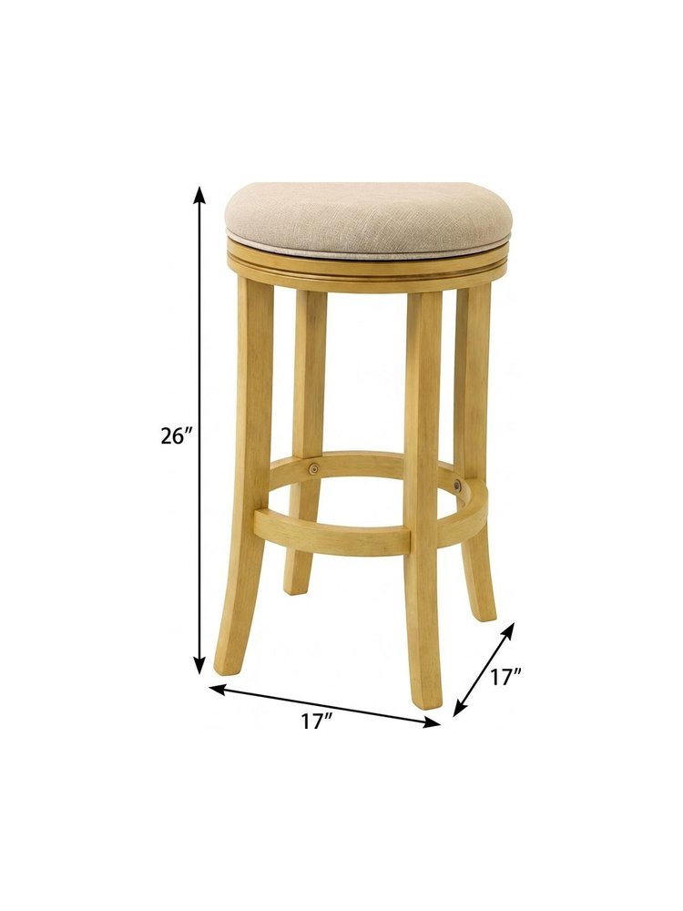25" Cream And Brown Fabric And Solid Wood Backless Counter Height Swivel Bar Chair