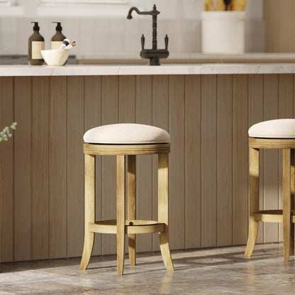 25" Cream and Brown Fabric and Solid Wood Backless Counter Height Swivel Bar Chair
