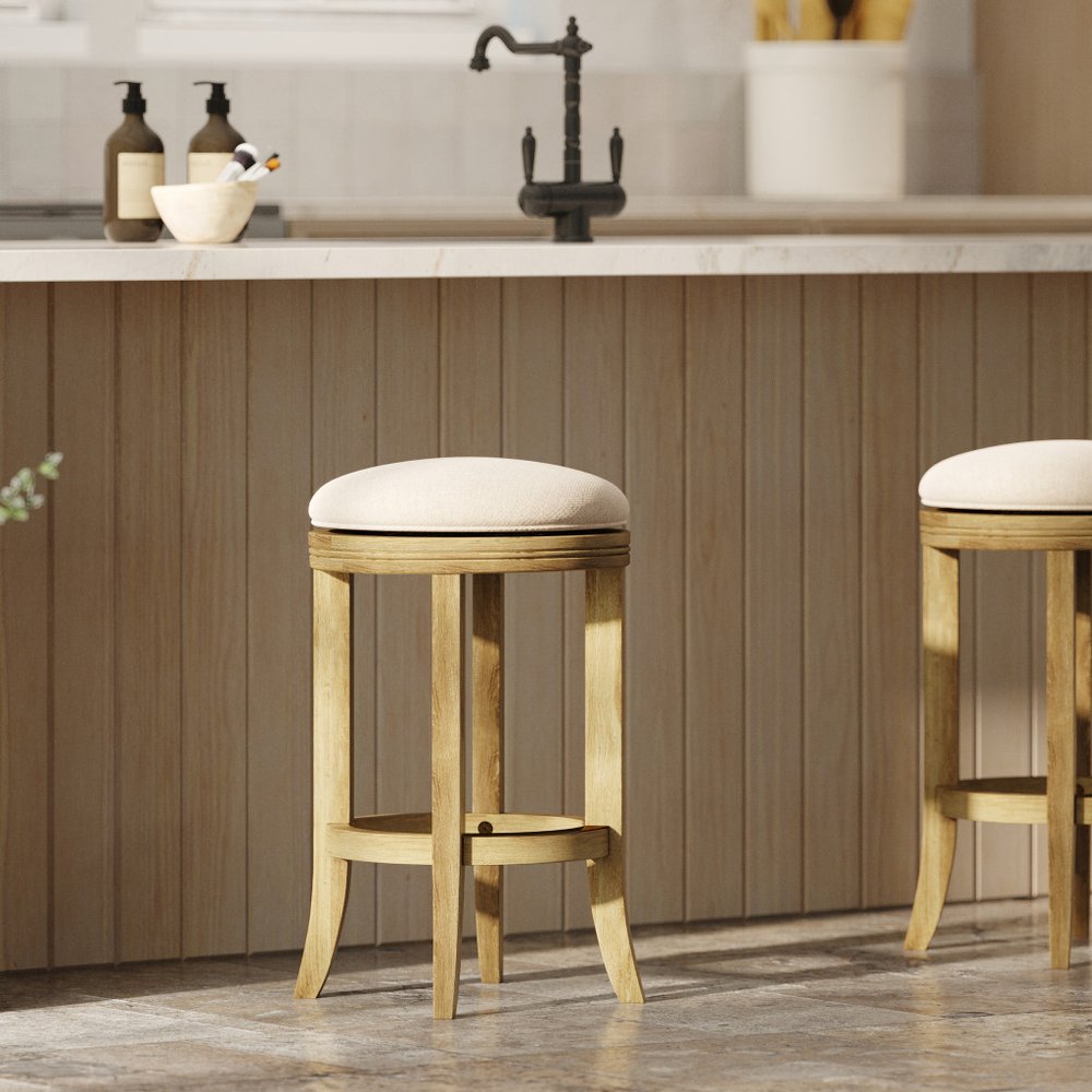 25" Cream and Brown Fabric and Solid Wood Backless Counter Height Swivel Bar Chair