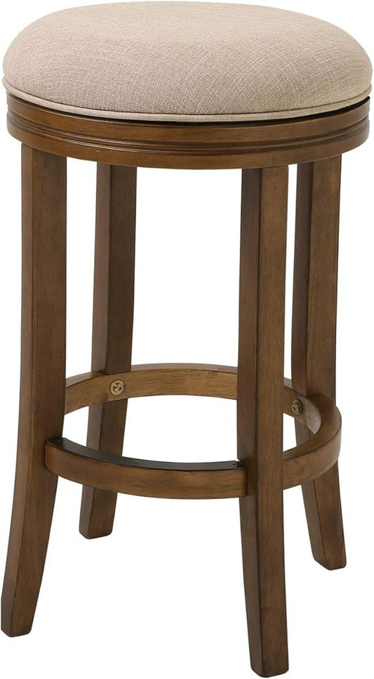 25" Cream and Brown Fabric and Solid Wood Backless Counter Height Swivel Bar Chair
