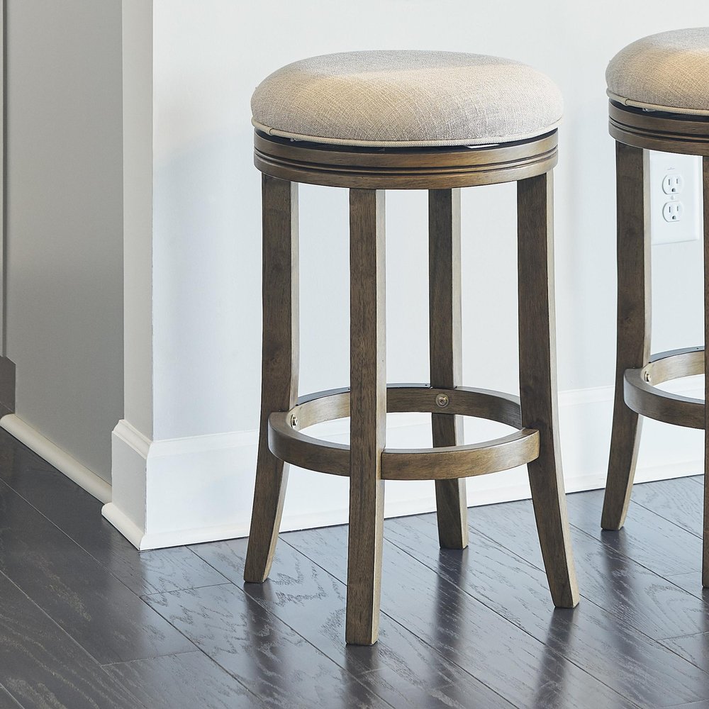 25" Cream And Brown Fabric And Solid Wood Backless Counter Height Swivel Bar Chair