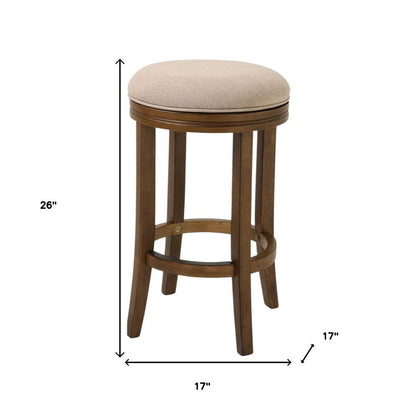 25" Cream and Brown Fabric and Solid Wood Backless Counter Height Swivel Bar Chair