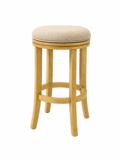 25" Cream And Brown Fabric And Solid Wood Backless Counter Height Swivel Bar Chair
