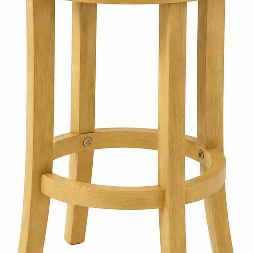 25" Cream And Brown Fabric And Solid Wood Backless Counter Height Swivel Bar Chair