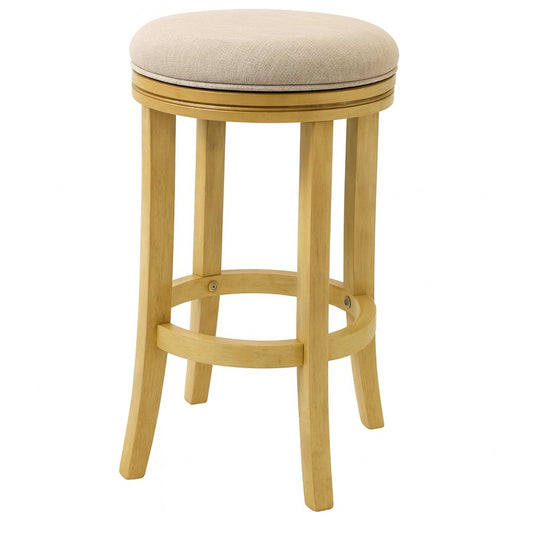25" Cream and Brown Fabric and Solid Wood Backless Counter Height Swivel Bar Chair