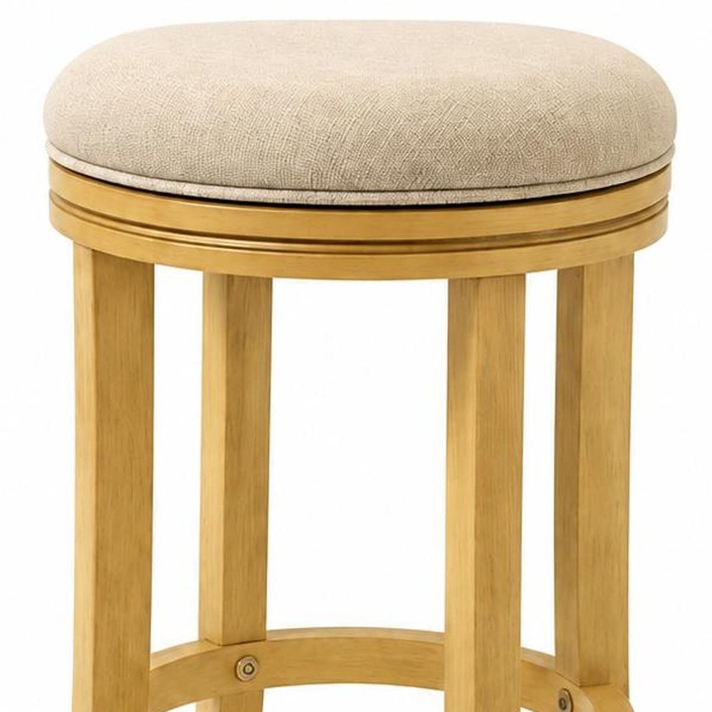 25" Cream And Brown Fabric And Solid Wood Backless Counter Height Swivel Bar Chair