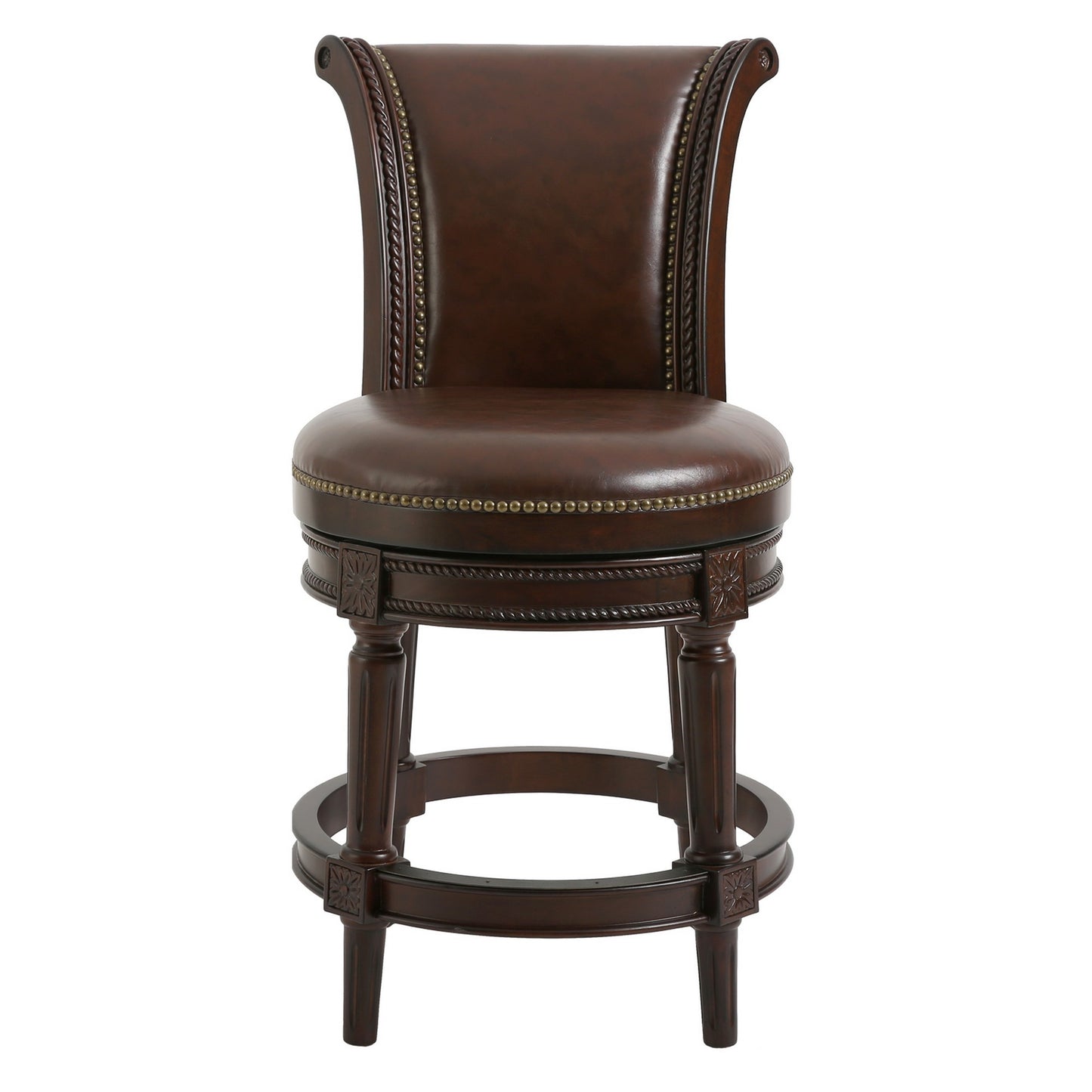 25" Dark Brown Faux Leather And Solid Wood Swivel Counter Height Bar Chair