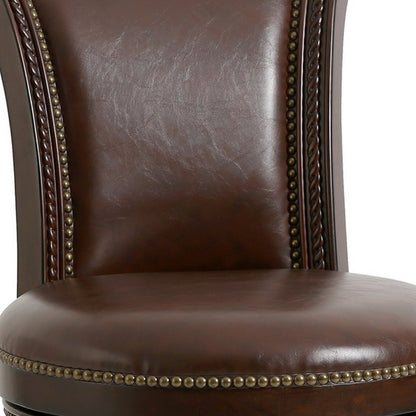 25" Dark Brown Faux Leather And Solid Wood Swivel Counter Height Bar Chair