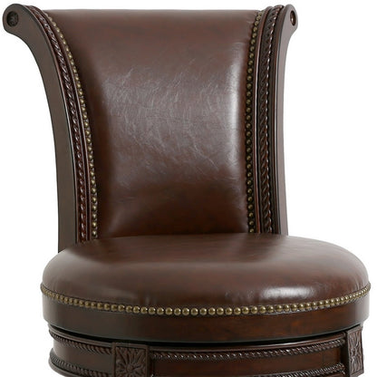 25" Dark Brown Faux Leather And Solid Wood Swivel Counter Height Bar Chair