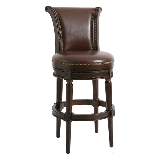 25" Walnut And Dark Brown Faux Leather And Solid Wood Bar Height Swivel Bar Chair