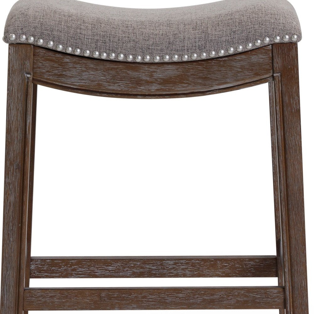 26" Gray And Brown Fabric And Linen And Solid Wood Backless Counter Height Bar Chair