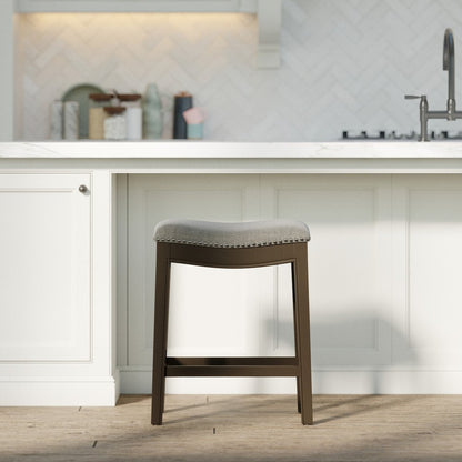 26" Gray And Brown Fabric And Linen And Solid Wood Backless Counter Height Bar Chair