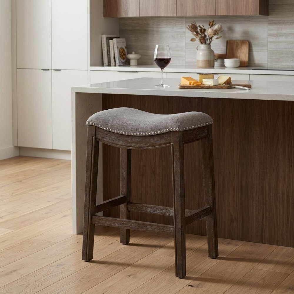 26" Gray And Brown Fabric And Linen And Solid Wood Backless Counter Height Bar Chair