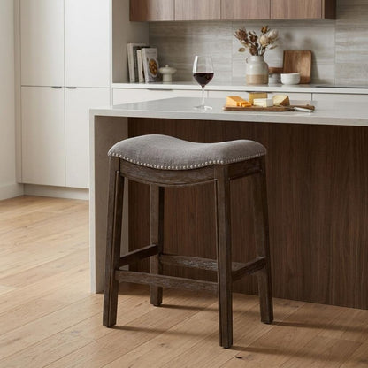 26" Gray And Brown Fabric And Linen And Solid Wood Backless Counter Height Bar Chair