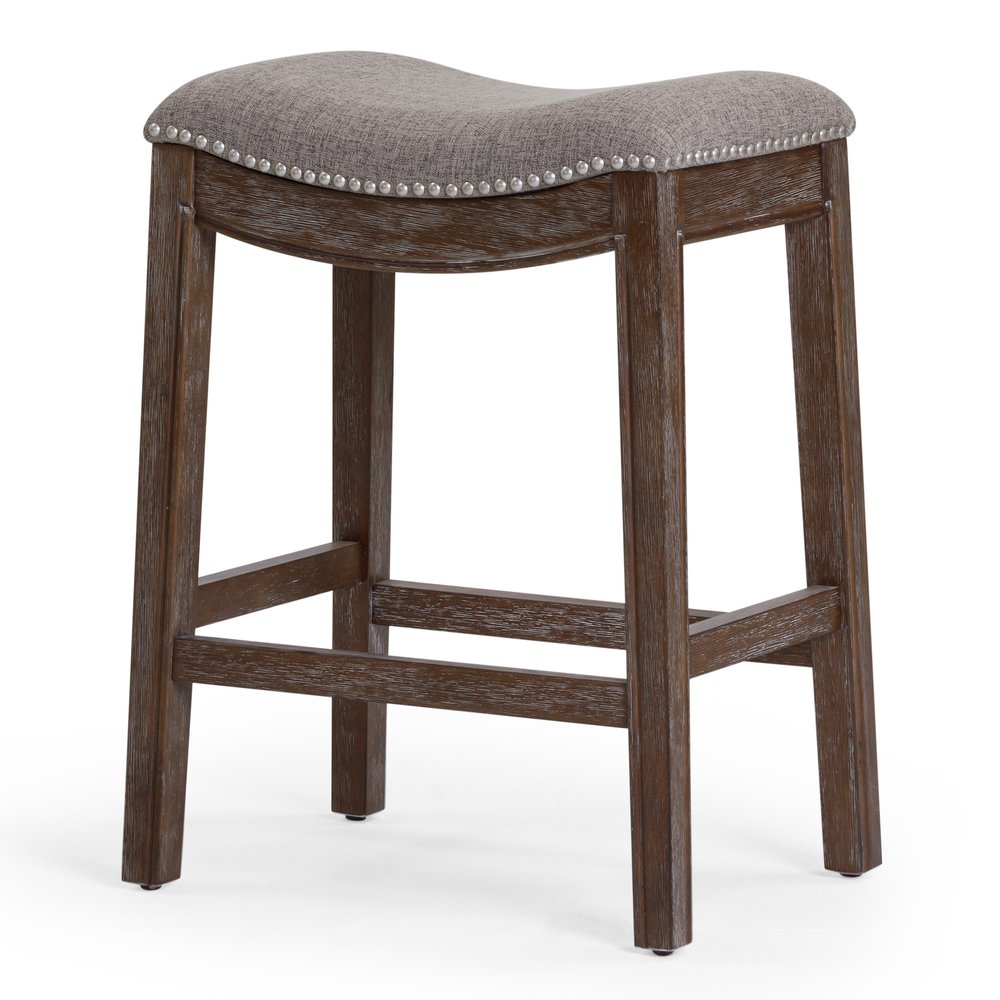 26" Gray And Brown Fabric And Linen And Solid Wood Backless Counter Height Bar Chair