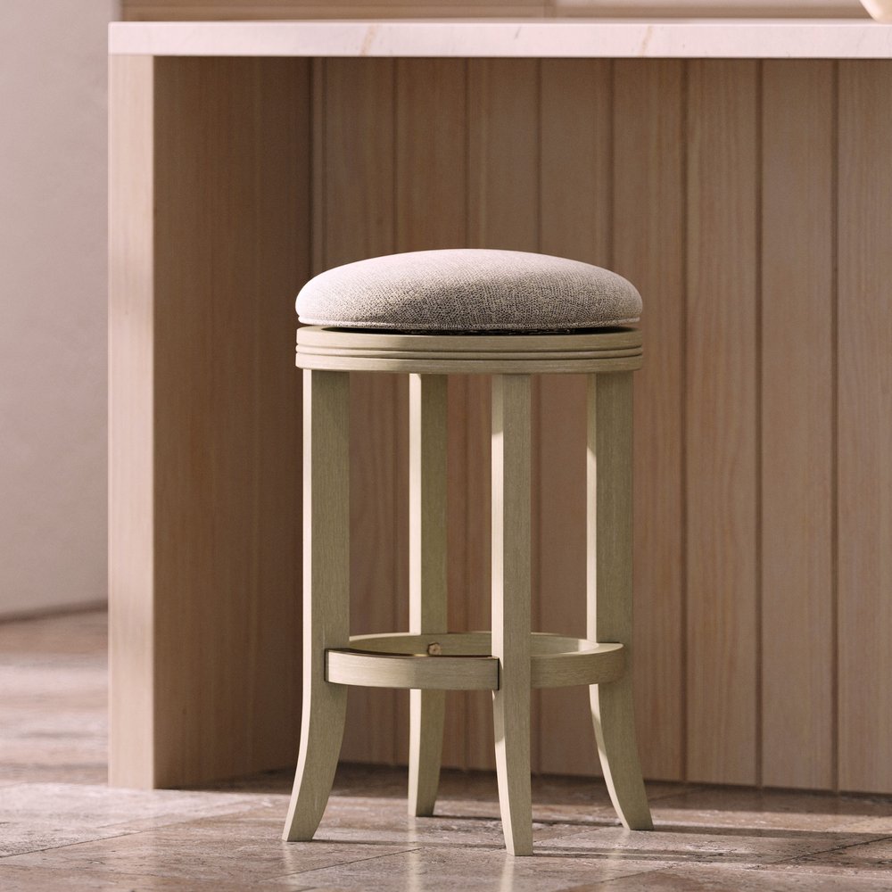 25" Gray And Ivory Fabric And Linen And Solid Wood Backless Counter Height Swivel Bar Chair
