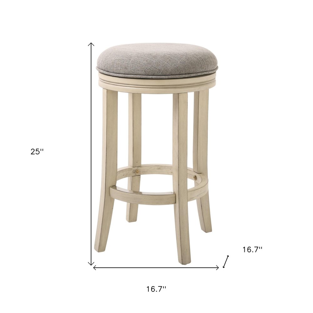 25" Gray And Ivory Fabric And Linen And Solid Wood Backless Counter Height Swivel Bar Chair