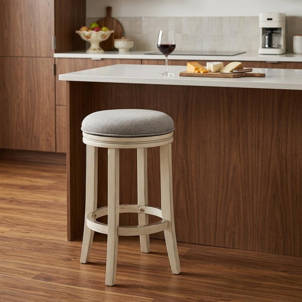 25" Gray And Ivory Fabric And Linen And Solid Wood Backless Counter Height Swivel Bar Chair