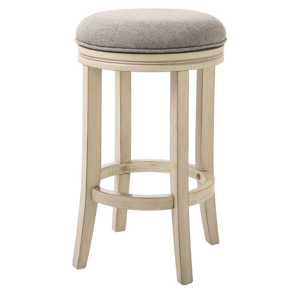 25" Gray And Ivory Fabric And Linen And Solid Wood Backless Counter Height Swivel Bar Chair