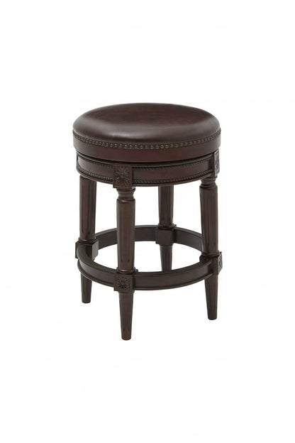 26" Dark Brown And Brown Faux Leather And Wood Backless Counter Height Swivel Bar Chair