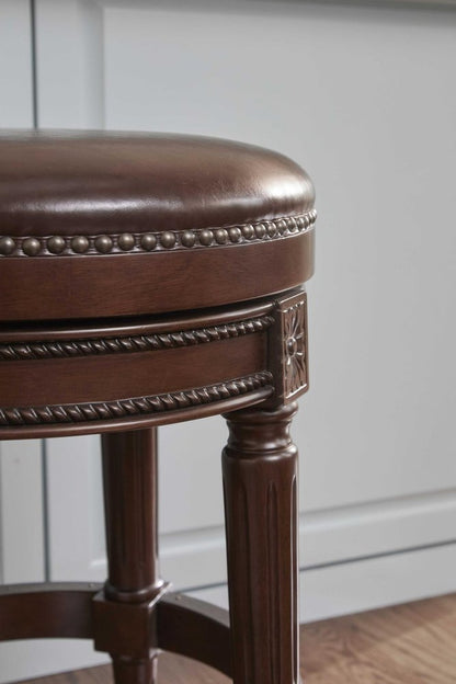26" Dark Brown And Brown Faux Leather And Wood Backless Counter Height Swivel Bar Chair