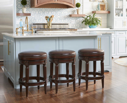 26" Dark Brown and Brown Faux Leather Backless Counter Height Swivel Bar Chair