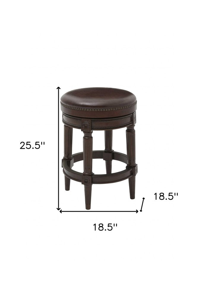 26" Dark Brown And Brown Faux Leather And Wood Backless Counter Height Swivel Bar Chair