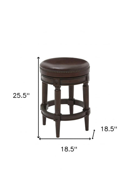 26" Dark Brown And Brown Faux Leather And Wood Backless Counter Height Swivel Bar Chair