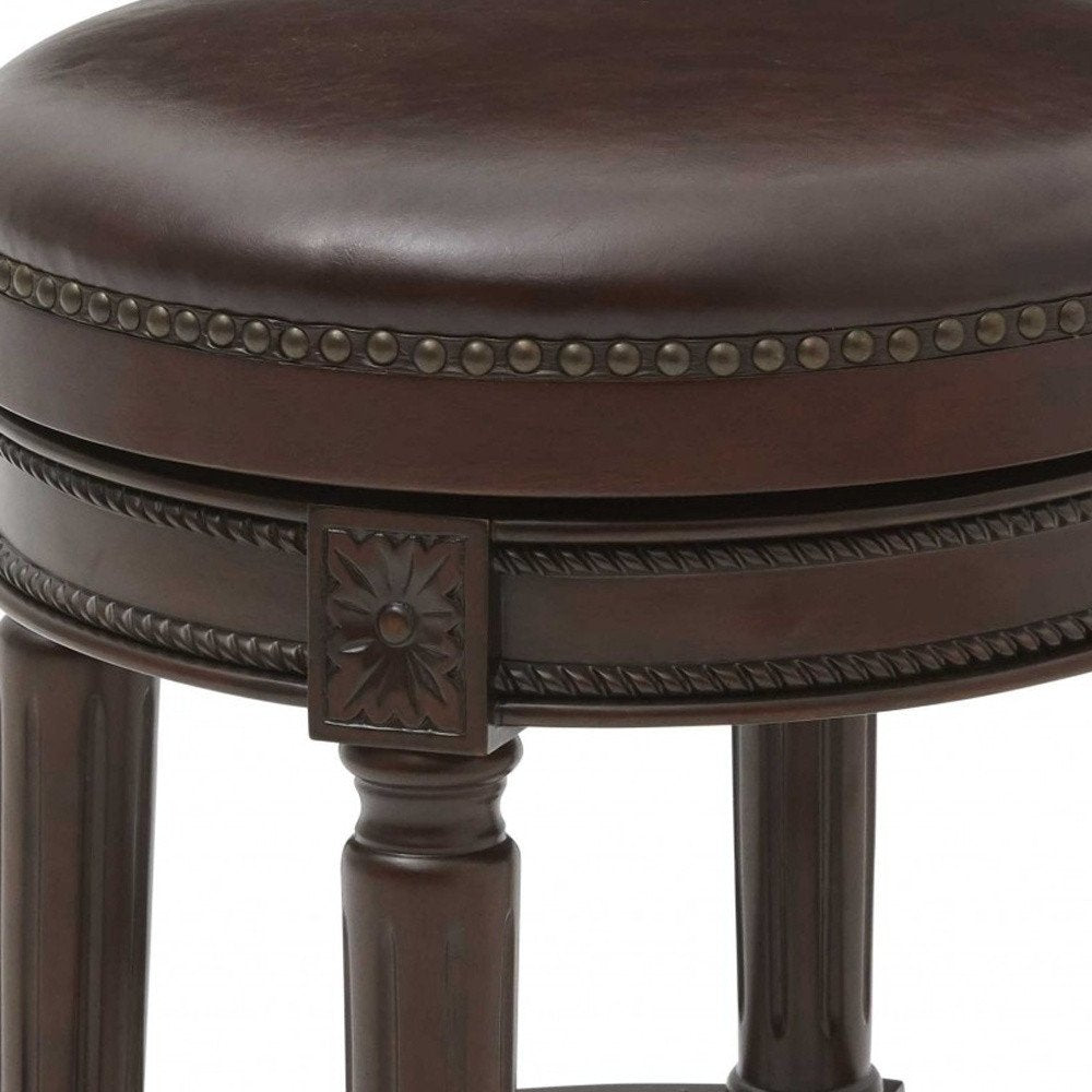 26" Dark Brown And Brown Faux Leather And Wood Backless Counter Height Swivel Bar Chair