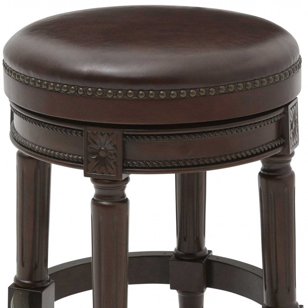 26" Dark Brown And Brown Faux Leather And Wood Backless Counter Height Swivel Bar Chair