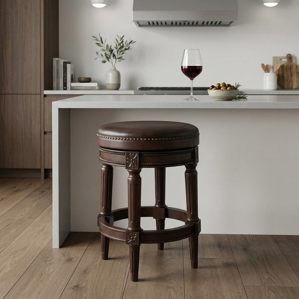 26" Dark Brown And Brown Faux Leather And Wood Backless Counter Height Swivel Bar Chair