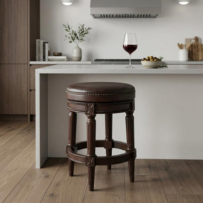 26" Dark Brown And Brown Faux Leather And Wood Backless Counter Height Swivel Bar Chair