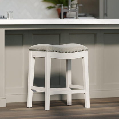 26" Gray And White Fabric And Solid Wood Backless Counter Height Bar Chair