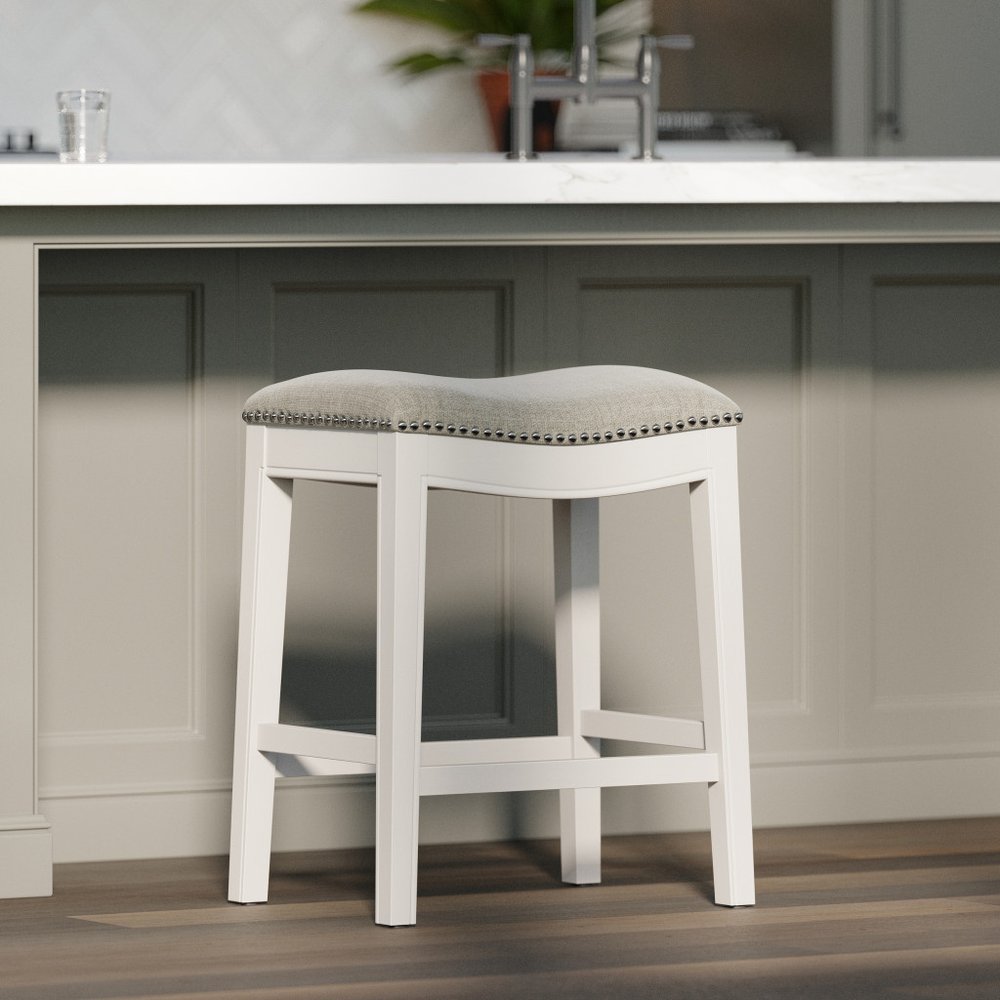 26" Gray and White Solid Wood and Linen Blend Backless Counter Height Bar Chair
