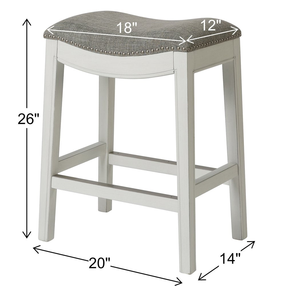 26" Gray and White Solid Wood and Linen Blend Backless Counter Height Bar Chair