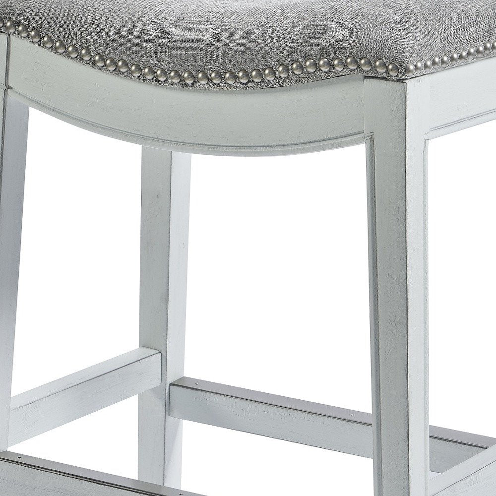 26" Gray and White Solid Wood and Linen Blend Backless Counter Height Bar Chair