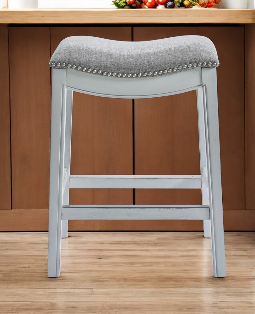 26" Gray and White Solid Wood and Linen Blend Backless Counter Height Bar Chair