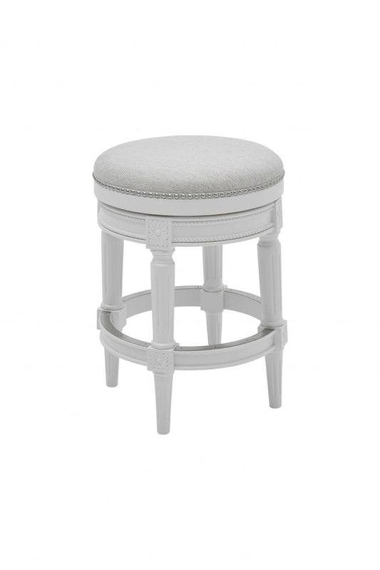 26" White Fabric And Solid Wood Backless Counter Height Swivel Bar Chair