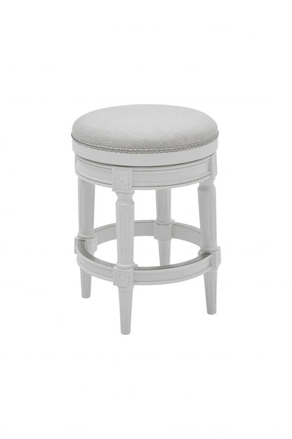 26" White Solid Wood and Fabric Backless Counter Height Swivel Bar Chair