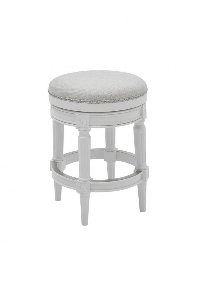 26" White Fabric And Solid Wood Backless Counter Height Swivel Bar Chair
